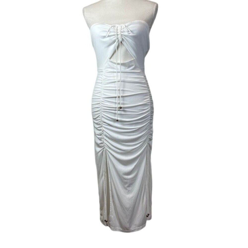 Angel Biba White Bodycon Ruched Strapless Dress Open Front Sexy Size Medium